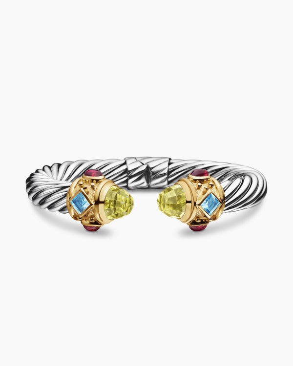 Renaissance® Classic Cable Bracelet in Sterling Silver with 14K Yellow Gold, Citrine, Blue Topaz and Rhodolite Garnet, 10mm