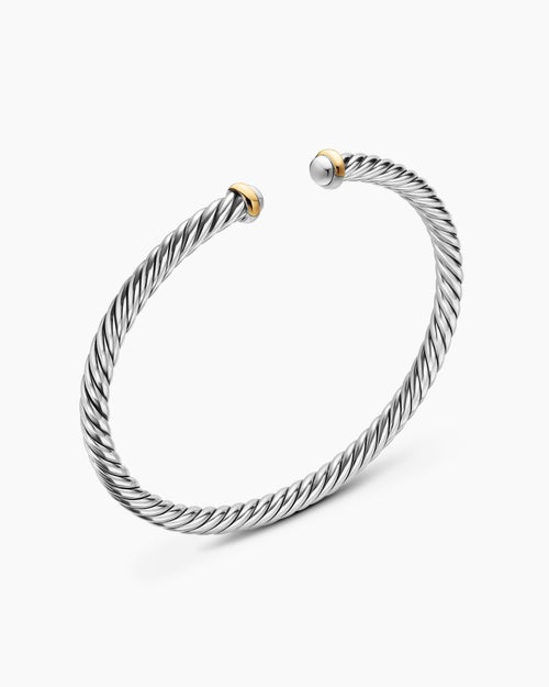 Womens Cable Flex Bracelet in Sterling Silver with 14K Yellow Gold, 4mm