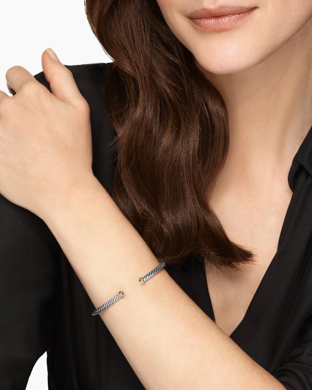 Womens Cable Flex Bracelet in Sterling Silver with 14K Yellow Gold, 4mm