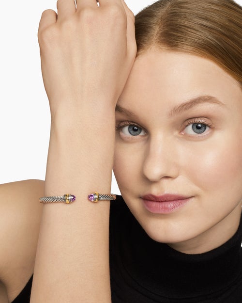 Womens Classic Cable Bracelet in Sterling Silver with 14ct Yellow Gold and Amethyst, 5mm