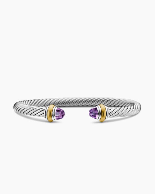 Womens Classic Cable Bracelet in Sterling Silver with 14ct Yellow Gold and Amethyst, 5mm