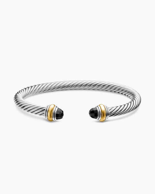 Womens Classic Cable Bracelet in Sterling Silver with 14K Yellow Gold and Black Onyx, 5mm