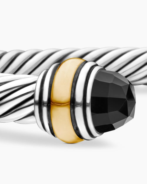 Womens Classic Cable Bracelet in Sterling Silver with 14K Yellow Gold and Black Onyx, 5mm