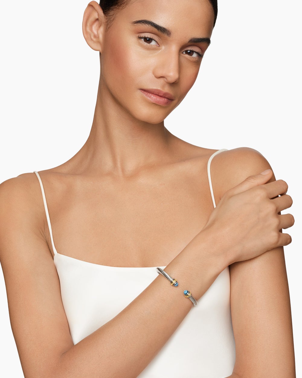 Womens Classic Cable Bracelet in Sterling Silver with 14K Yellow Gold, 5mm