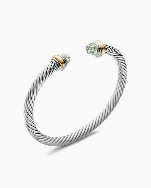 Womens Classic Cable Bracelet in Sterling Silver with 14K Yellow Gold and Prasiolite, 5mm