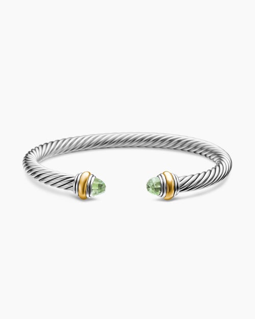Womens Classic Cable Bracelet in Sterling Silver with 14K Yellow Gold and Prasiolite, 5mm