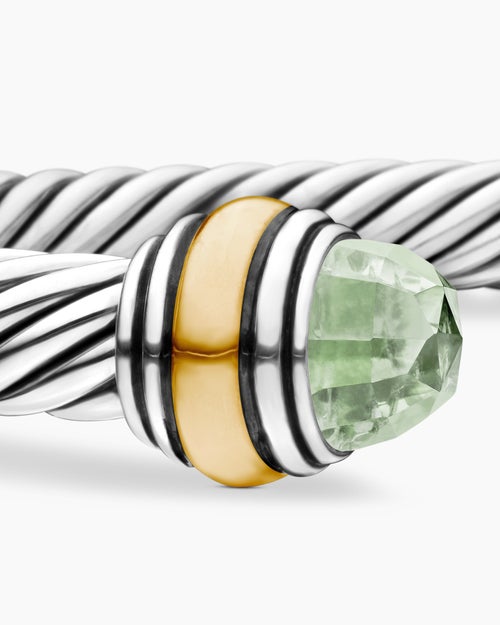 Womens Classic Cable Bracelet in Sterling Silver with 14K Yellow Gold and Prasiolite, 5mm