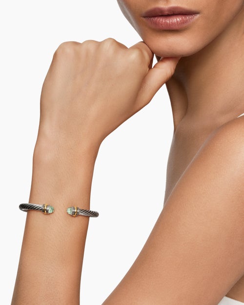 Womens Classic Cable Bracelet in Sterling Silver with 14K Yellow Gold and Prasiolite, 5mm