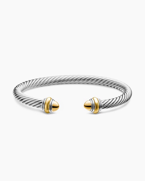 Womens Classic Cable Bracelet in Sterling Silver with 14K Yellow Gold and Gold Domes, 5mm
