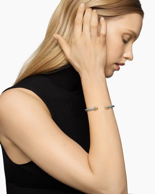 Womens Classic Cable Bracelet in Sterling Silver with 14K Yellow Gold and Gold Domes, 5mm