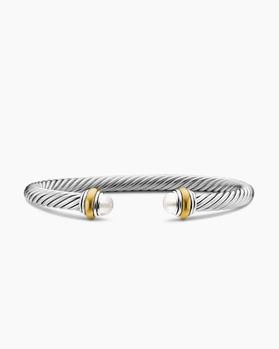 Classic Cable Bracelet in Sterling Silver with 14ct Yellow Gold and Pearls, 5mm