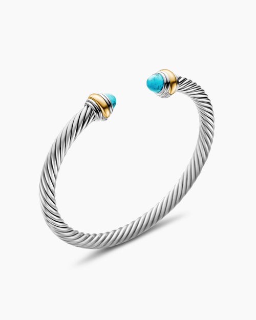 Womens Classic Cable Bracelet in Sterling Silver with 14K Yellow Gold and Turquoise, 5mm