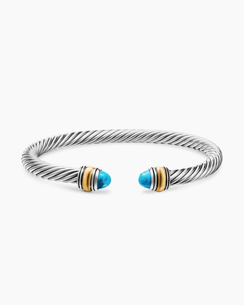 Womens Classic Cable Bracelet in Sterling Silver with 14K Yellow Gold and Turquoise, 5mm