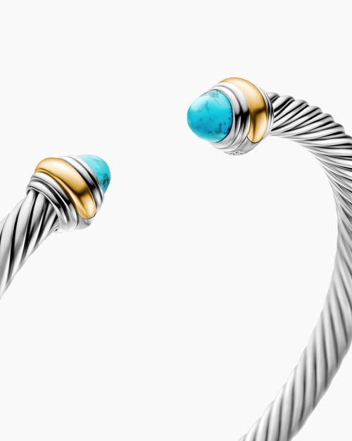 Womens Classic Cable Bracelet in Sterling Silver with 14K Yellow Gold and Turquoise, 5mm