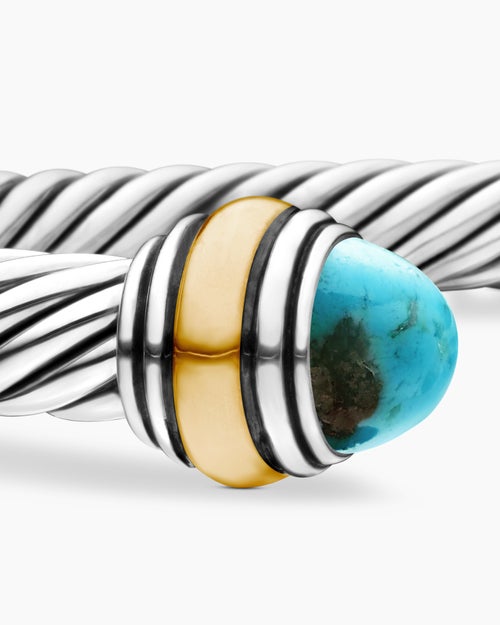 Womens Classic Cable Bracelet in Sterling Silver with 14K Yellow Gold and Turquoise, 5mm