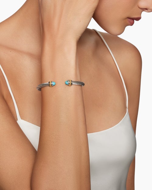 Womens Classic Cable Bracelet in Sterling Silver with 14K Yellow Gold and Turquoise, 5mm