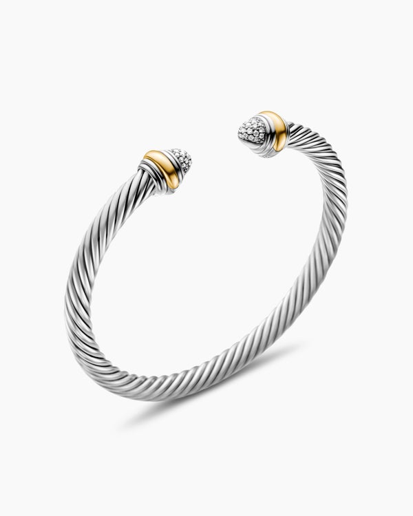 Classic Cable Bracelet in Sterling Silver with 14K Yellow Gold and Pavé Diamond Domes, 5mm