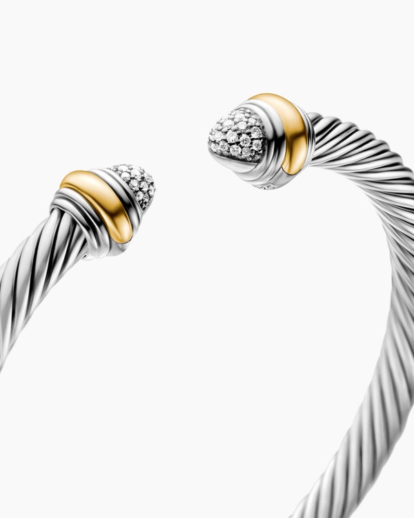 Classic Cable Bracelet in Sterling Silver with 14K Yellow Gold and Pavé Diamond Domes, 5mm