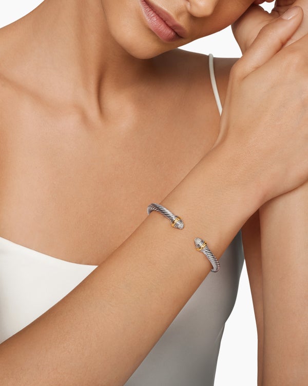 Classic Cable Bracelet in Sterling Silver with 14K Yellow Gold and Pavé Diamond Domes, 5mm