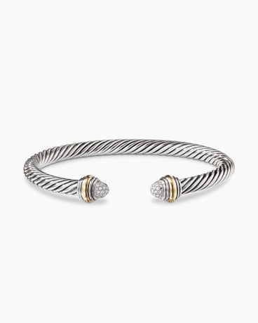 Classic Cable Bracelet in Sterling Silver with 14K Yellow Gold and Pavé Diamond Domes, 5mm