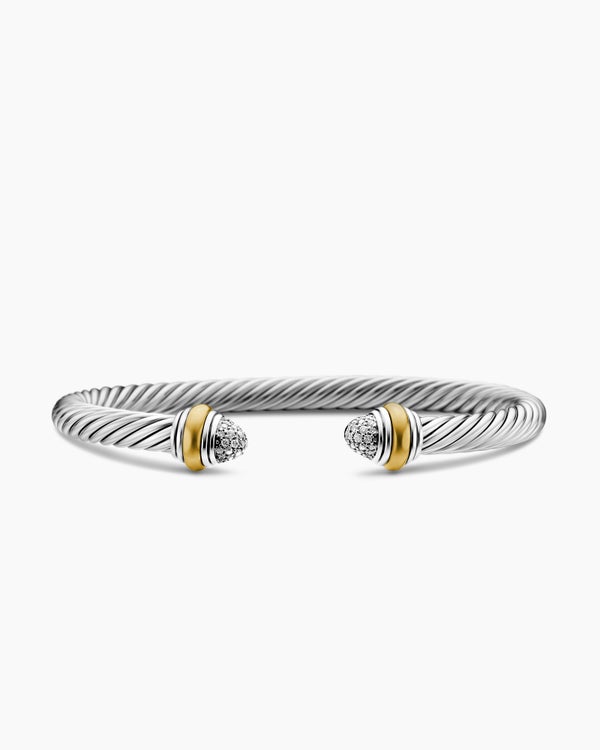 Classic Cable Bracelet in Sterling Silver with 14K Yellow Gold and Pavé Diamond Domes, 5mm