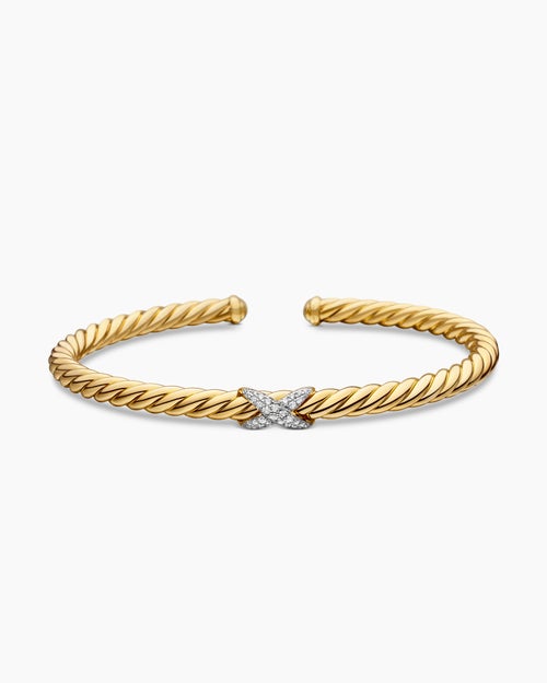 Womens X Cablespira® Station Bracelet in 18K Yellow Gold with Pavé Diamonds, 4mm