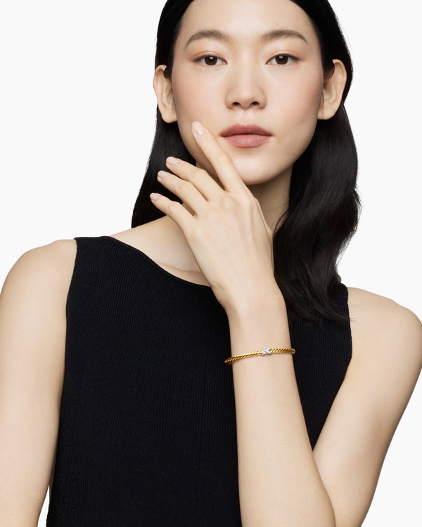 X Cablespira Station Bracelet in 18K Yellow Gold with Diamonds, 4mm