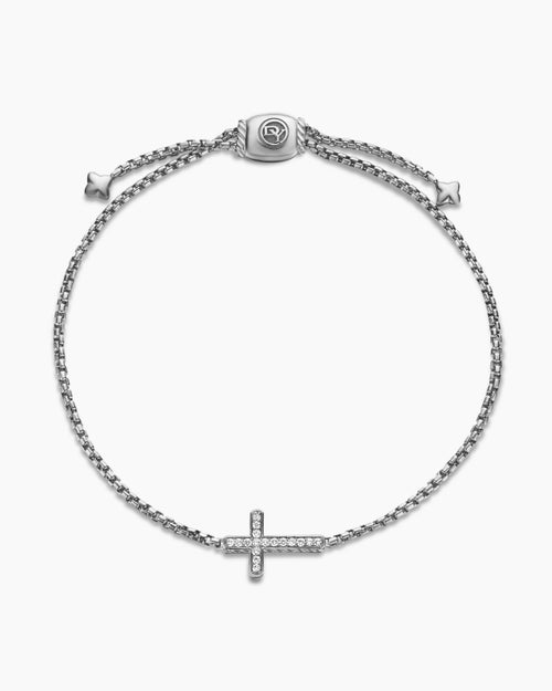 Womens Petite Pavé Cross Chain Bracelet in Sterling Silver with Diamonds, 1.7mm