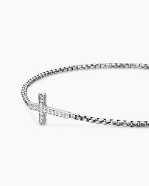 Womens Petite Pavé Cross Chain Bracelet in Sterling Silver with Diamonds, 1.7mm