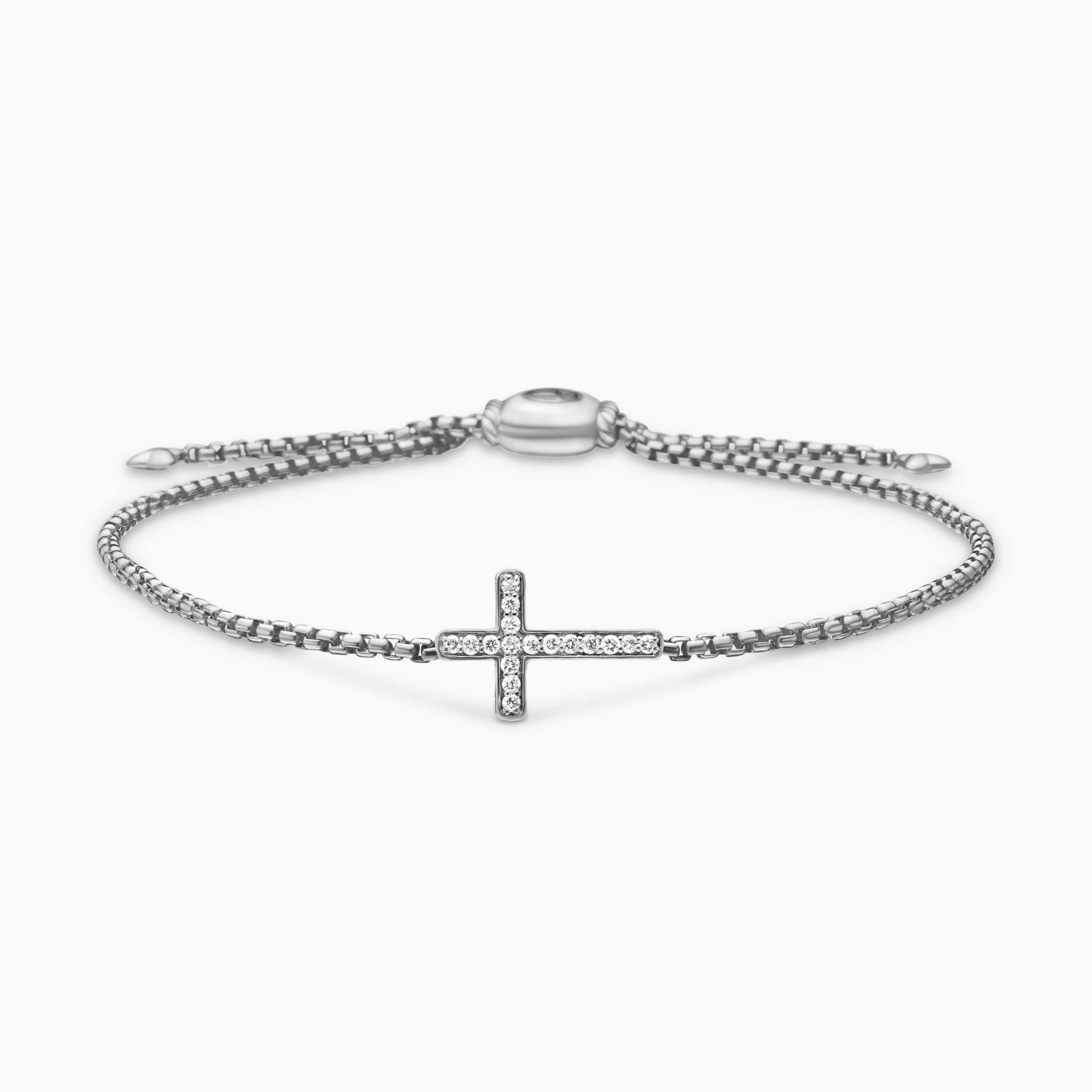 Womens Petite Pav&eacute; Cross Chain Bracelet in Sterling Silver with Diamonds, 1.7mm