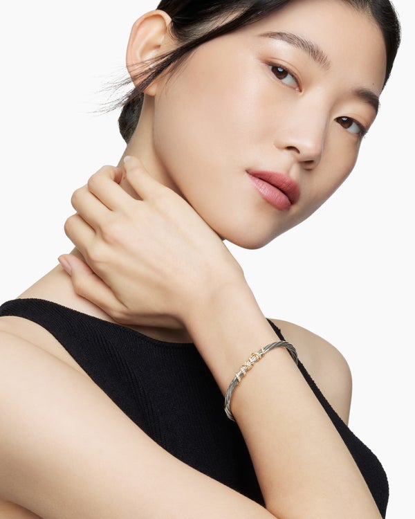 Helena Center Station Bracelet in Sterling Silver with 18K Yellow Gold and Diamonds, 4mm