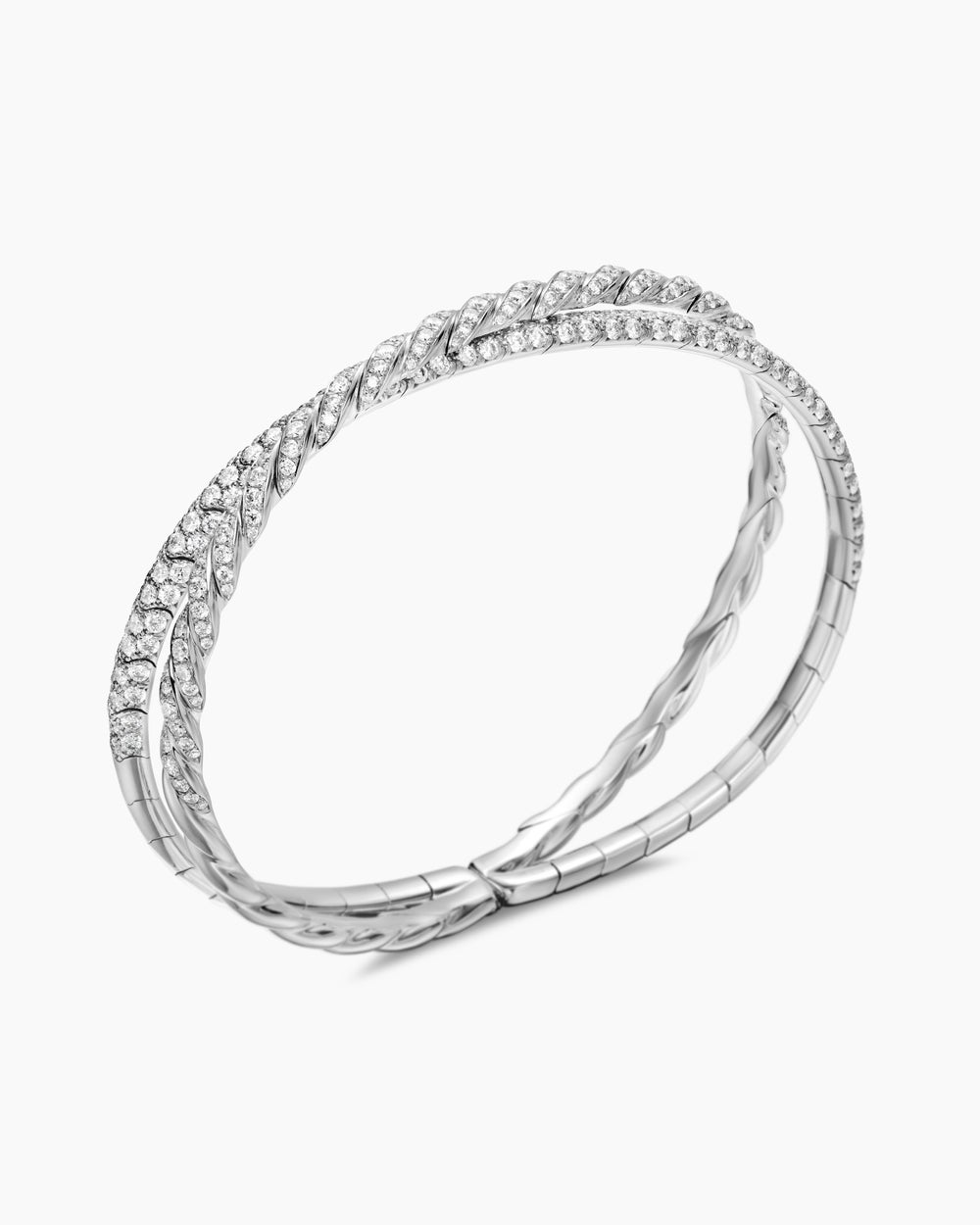 Womens Sculpted Cable Flex Two Row Bracelet in 18K White Gold with Diamonds, 16mm
