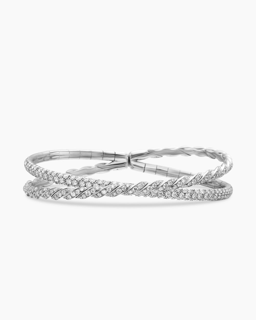 Womens Sculpted Cable Flex Two Row Bracelet in 18K White Gold with Diamonds, 16mm