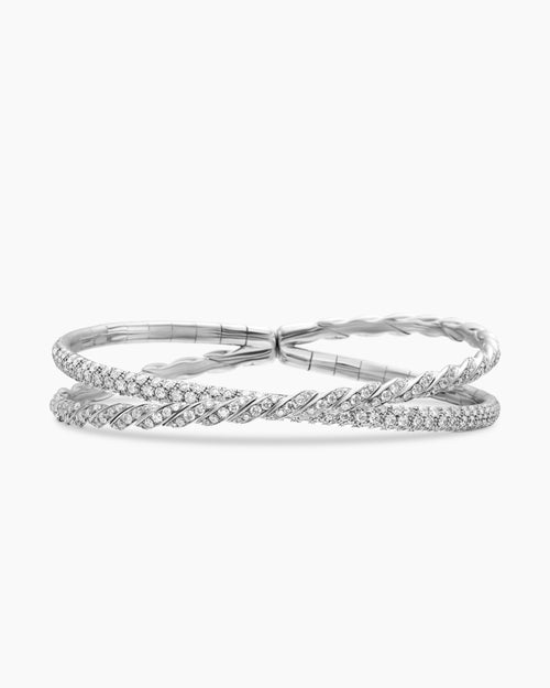 Womens Sculpted Cable Flex Two Row Bracelet in 18K White Gold with Diamonds, 16mm