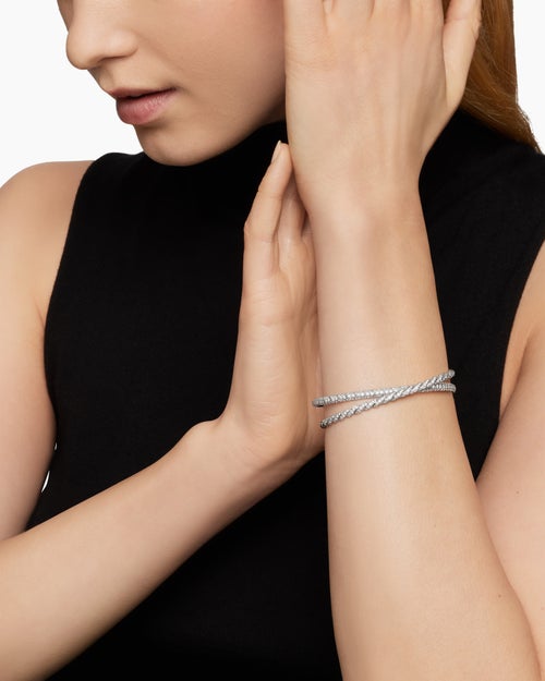 Womens Sculpted Cable Flex Two Row Bracelet in 18K White Gold, 16mm