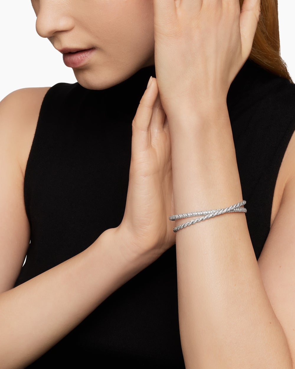 Womens Sculpted Cable Flex Two Row Bracelet in 18K White Gold with Diamonds, 16mm