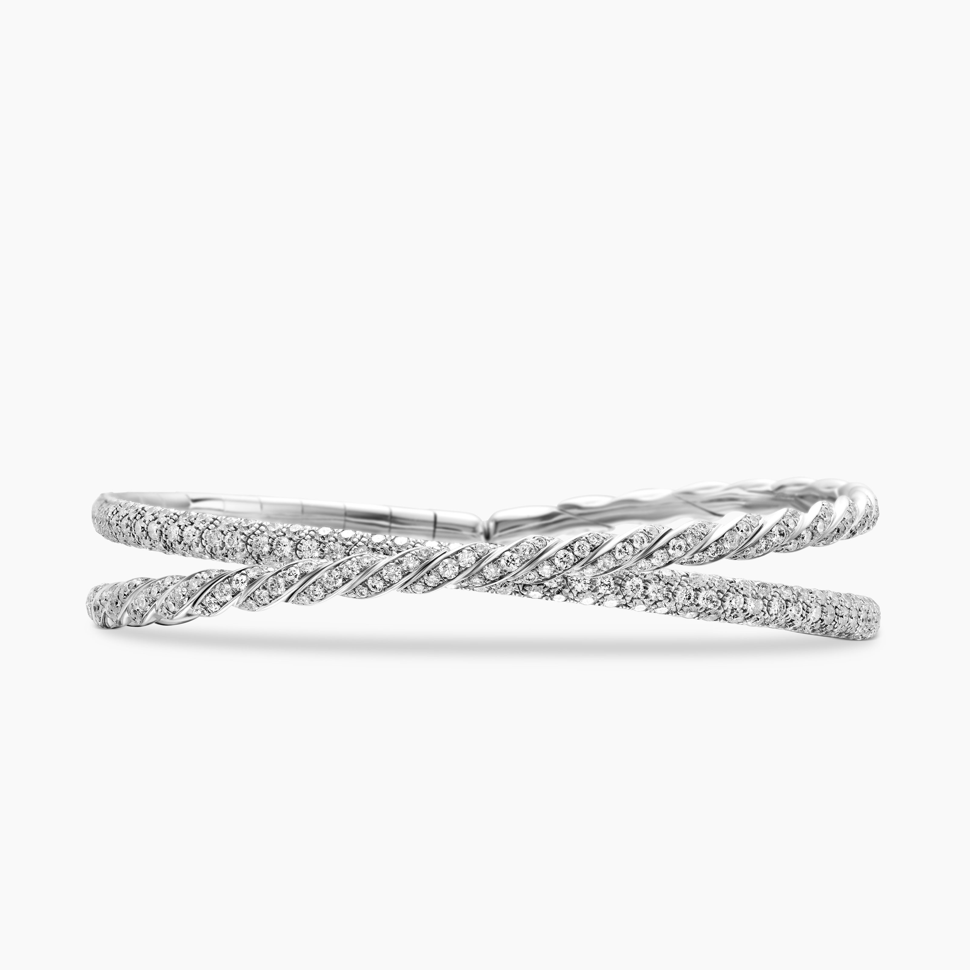 Womens Sculpted Cable Flex Two Row Bracelet in 18K White Gold, 16mm