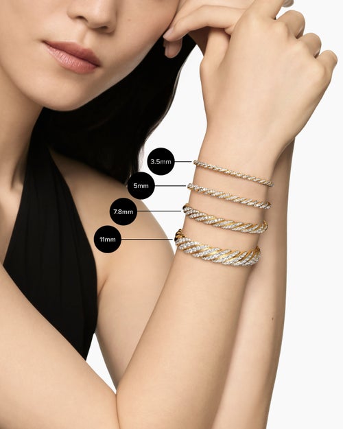 Womens Sculpted Cable Flex Bracelet in 18K Yellow Gold with Diamonds, 3.5mm