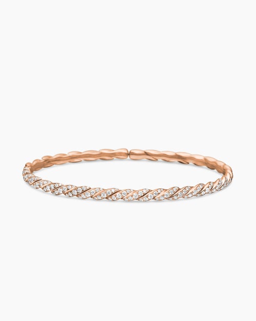 Womens Sculpted Cable Flex Bracelet in 18K Rose Gold with Diamonds, 3.5mm
