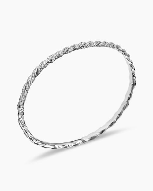 Womens Sculpted Cable Flex Bracelet in 18K White Gold with Diamonds, 3.5mm