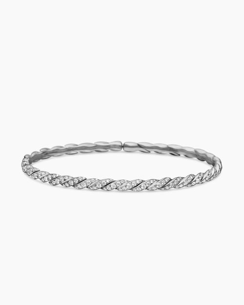 Womens Sculpted Cable Flex Bracelet in 18K White Gold with Diamonds, 3.5mm