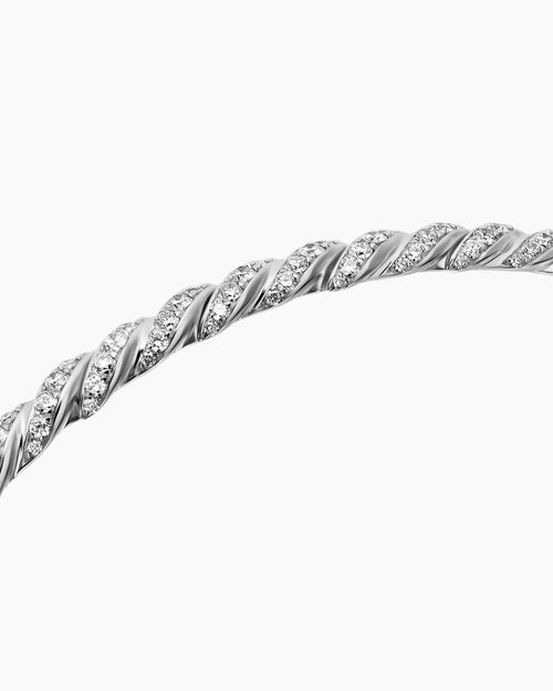 Womens Sculpted Cable Flex Bracelet in 18K White Gold with Diamonds, 3.5mm