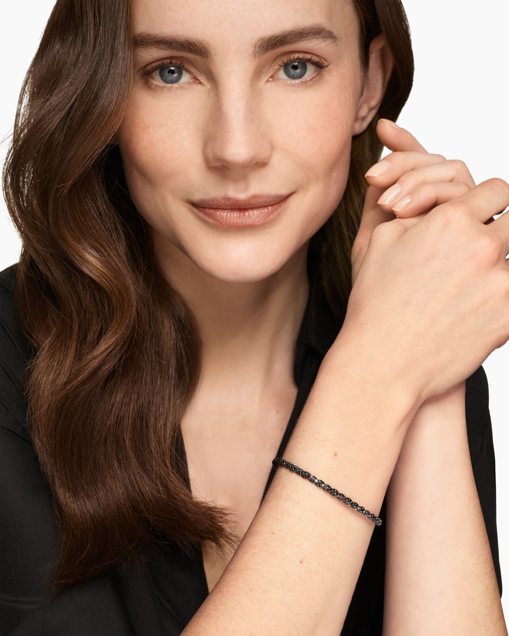 Womens Sculpted Cable Flex Bracelet in 18K White Gold with Black Rhodium and Diamonds, 3.5mm