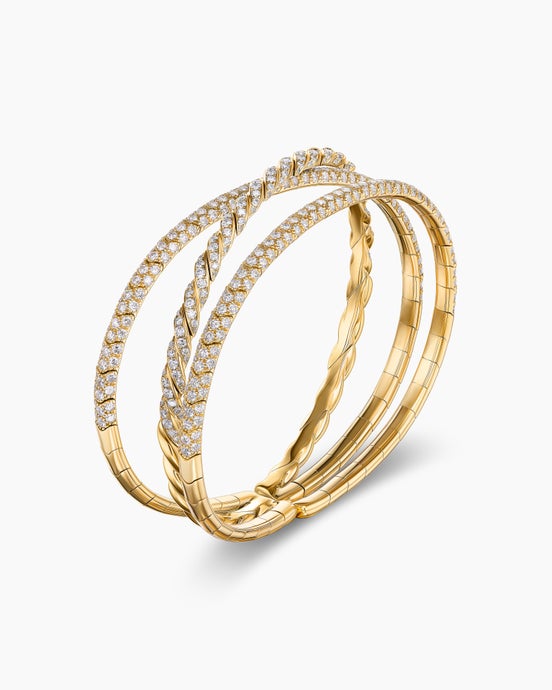 Sculpted Cable Flex Three Row Bracelet in 18K Yellow Gold with Diamonds, 21mm