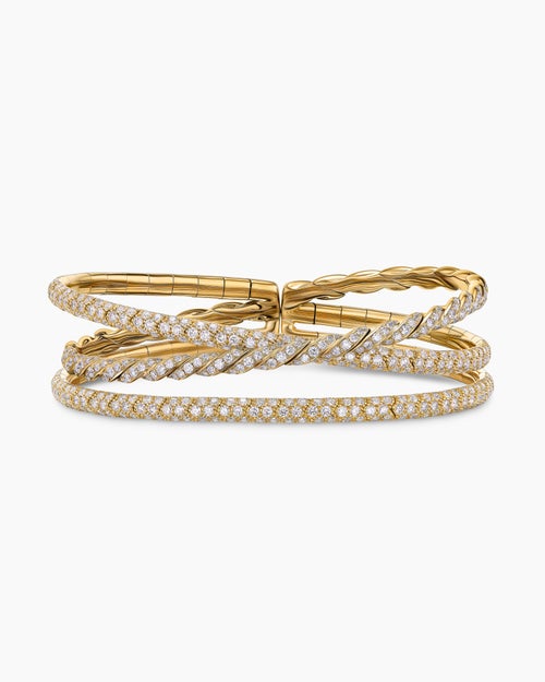 Womens Sculpted Cable Flex Three Row Bracelet in 18K Yellow Gold with Diamonds, 21mm