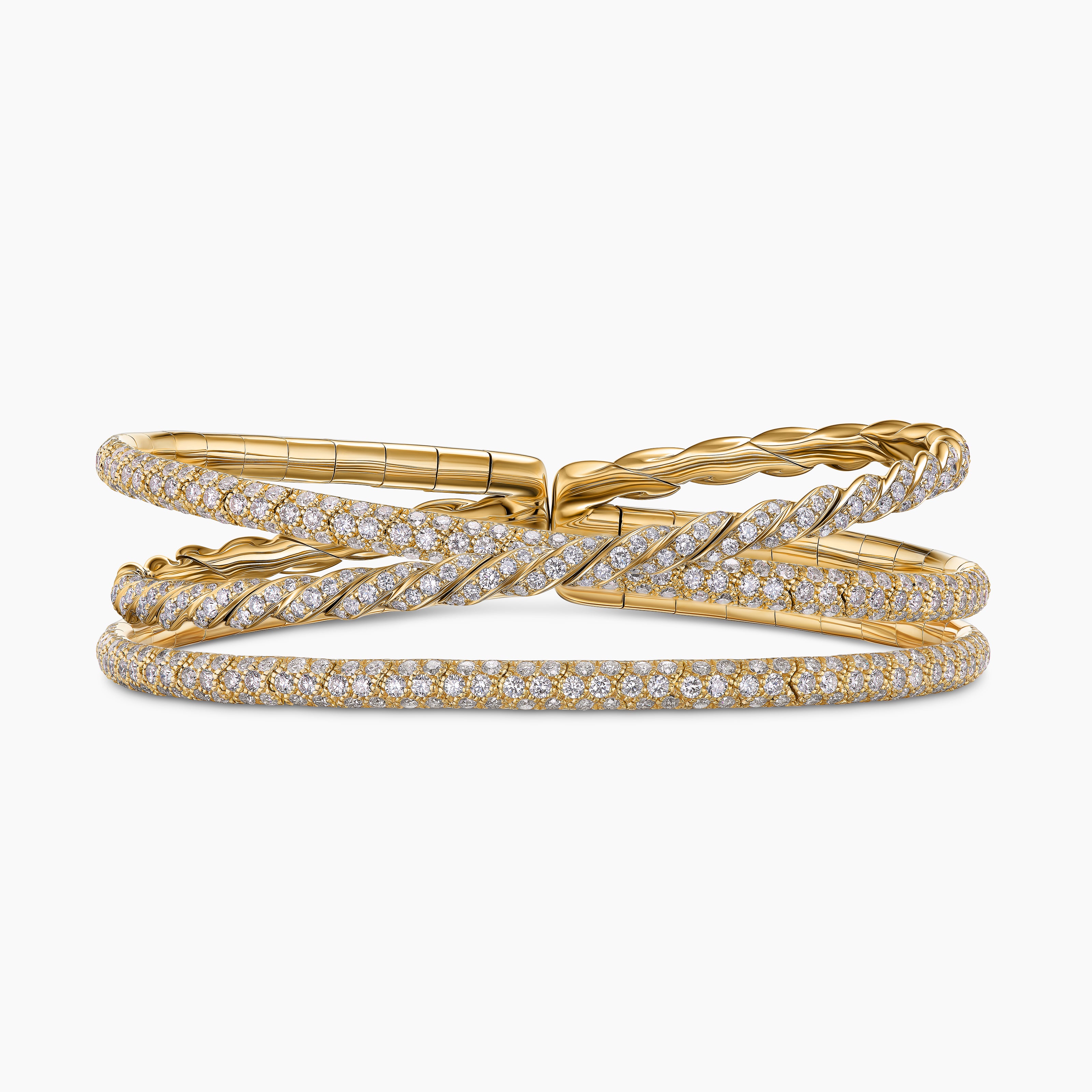 Womens Sculpted Cable Flex Three Row Bracelet in 18K Yellow Gold with Diamonds, 21mm
