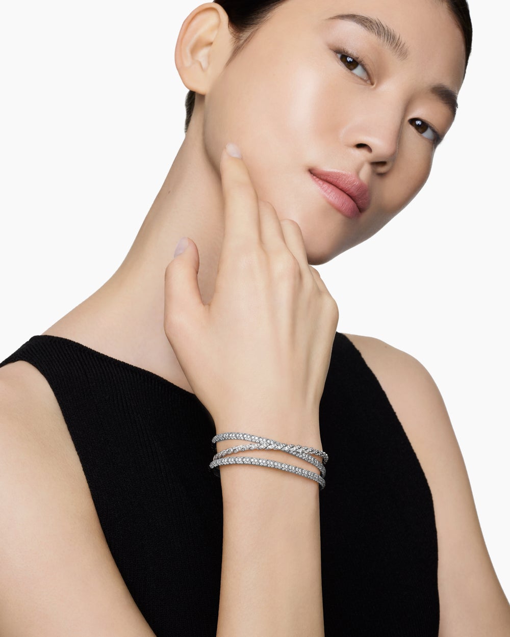 Womens Sculpted Cable Flex Three Row Bracelet in 18ct White Gold with Diamonds, 21mm