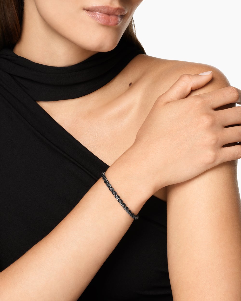 Womens Sculpted Cable Flex Bracelet in 18K White Gold with Black Rhodium and Diamonds, 5mm