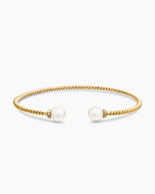 Womens Solari Cablespira® Bracelet in 18K Yellow Gold with Pearls and Diamonds, 2.3mm