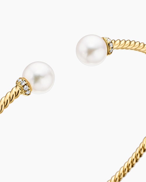 Womens Solari Cablespira® Bracelet in 18K Yellow Gold with Pearls and Diamonds, 2.3mm